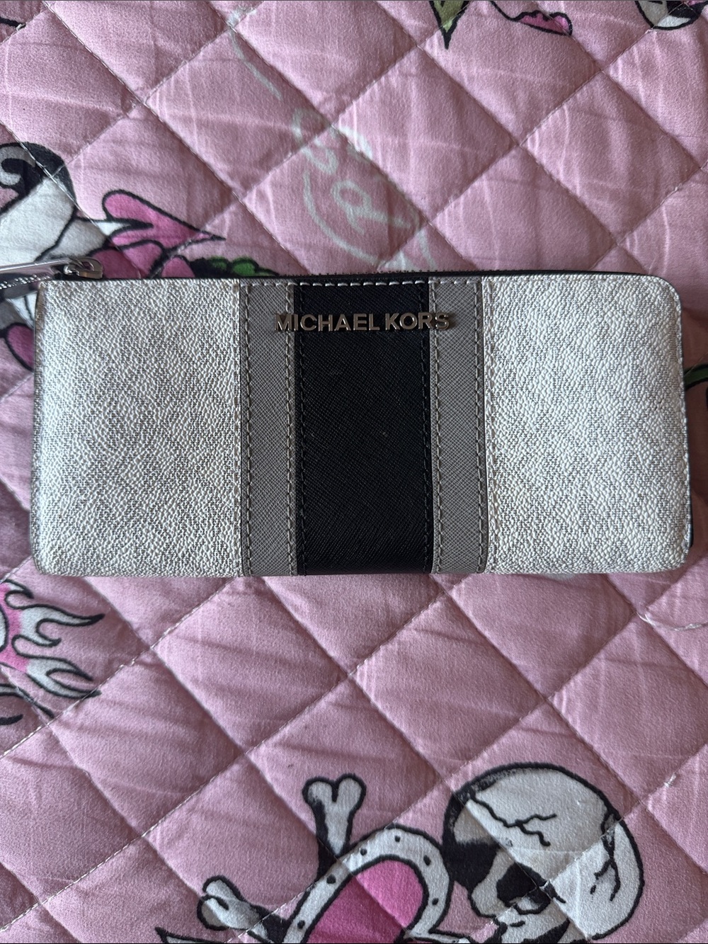 Michael Kors Silver and Black Center-Stripe Zip Wallet